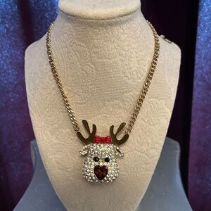 Gold Reindeer Rhinestone Pendant Necklace